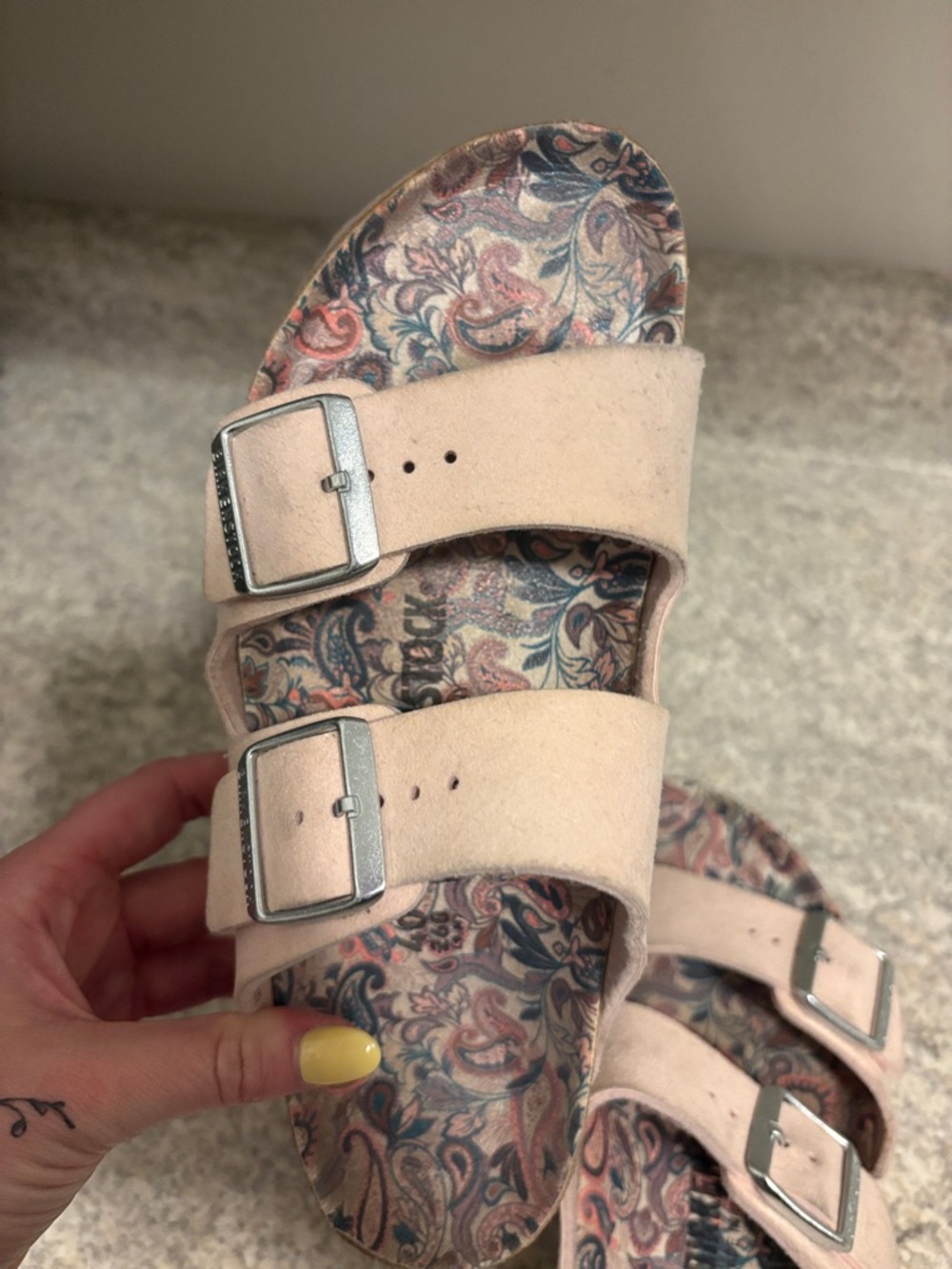 Birkenstock Light Pink Suede Two-Buckle Sandal with Patterned Footbed - Picture 3 of 4